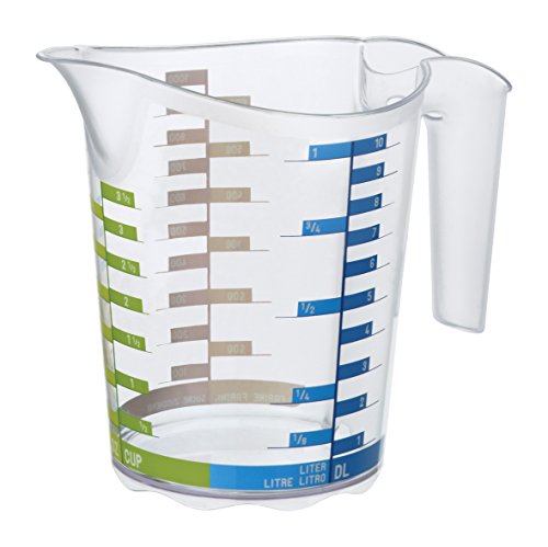 Messbecher aus Kunststoff, transparent mit farbiger Skala, BPA frei, Inhalt 1 Liter, ca. 18,5 x 12,4 x 15,7 cm